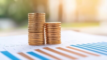 Poster - Gold Coins Stacked on Financial Chart with Soft Background Glow