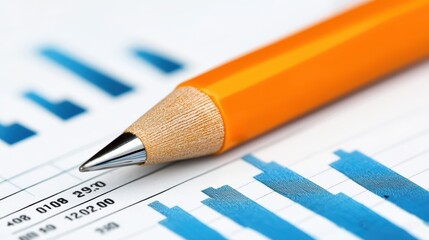 Poster - Close Up of Orange Pencil on Financial Report with Graphs and Charts