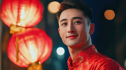 Wall Mural - Young Man Wearing Traditional Outfit with Lanterns in Background