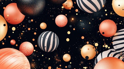 Wall Mural - Abstract colorful spheres floating on dark background with glitter.