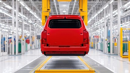 Poster - red car undergoing assembly in a modern automotive production facility