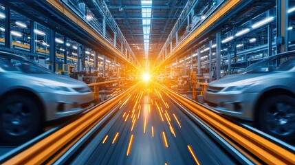 Poster - Industrial Manufacturing Process with Cars and Bright Sparks