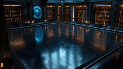 Poster - A large room with a blue floor and a large blue orb in the center