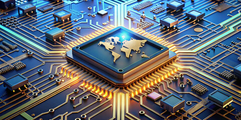 Poster - A close-up view of a circuit board featuring a prominent processor engraved with a world map, symbolizing global connectivity in technology