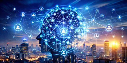 Poster - A silhouette of a human head filled with connections emerges against a vibrant skyline at dusk, illustrating the intersection of technology and social interaction in a modern urban environment