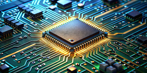 Poster - A microchip sits at the center of a complex circuit board, with vibrant electrical paths weaving through various components under soft lighting. The technology is evident in this detailed setup