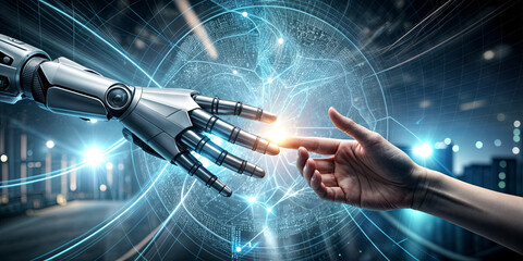 Poster - A human hand reaches for a robotic hand in a bright, high-tech space filled with digital patterns, symbolizing the collaboration between man and machine