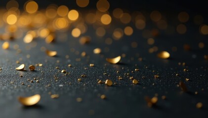 Wall Mural - Scattered gold confetti on black surface, luxury feel, close up, shiny, abstract