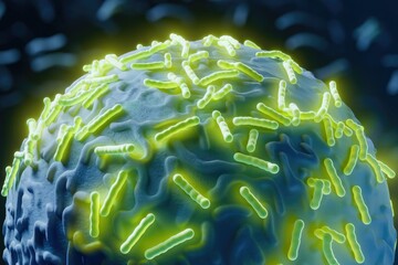 Poster - Microscopic view of rod-shaped bacteria infecting a cell, highlighting the infection process.