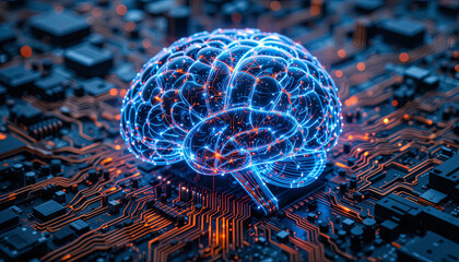 Poster - A vibrant representation of a brain is digitally rendered with glowing connections, set against a backdrop of intricate circuitry