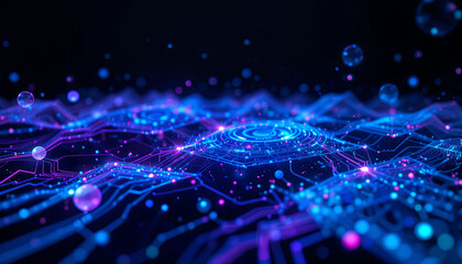 Fototapete - A stunning visual of a digital space filled with glowing circuitry patterns and luminous particles. The design evokes a sense of advanced technology and innovation in a futuristic setting