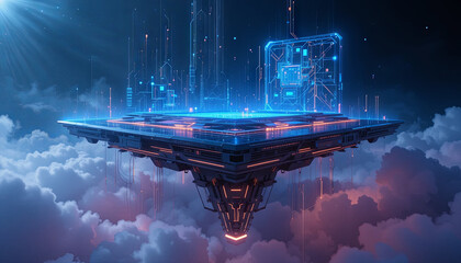 Poster - A digital platform hovers above white clouds, featuring intricate circuitry and glowing lights. The atmosphere conveys a sense of advanced technology and innovation