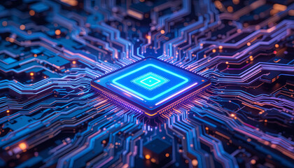 Poster - A microchip is positioned at the center of a complex network of circuits, illuminated by vibrant blue and orange lights, showcasing advanced technology and design