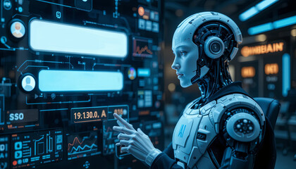 Poster - A detailed robotic figure is engaged with a glowing digital interface filled with data graphs and notifications. The setting conveys a high-tech atmosphere during the evening