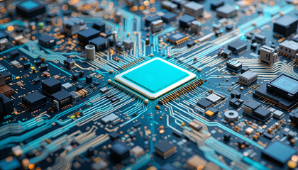 Poster - Close-up view of a digital circuit board featuring a prominent central processing unit. The detailed pathways connect various electronic components, illustrating advanced technology