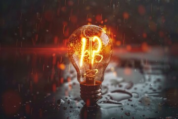 Poster - Glowing lightbulb illuminates a rainy night, symbolizing innovation, inspiration, and creativity in the face of adversity