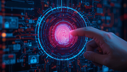 Poster - A hand is shown applying a fingerprint to a vibrant digital interface with glowing patterns and security icons, illustrating biometric technology in action