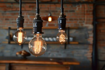 Poster - Edison light bulbs hanging from the ceiling illuminating a rustic brick wall in a modern interior design