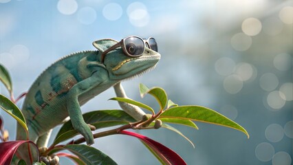 Chameleon in Funky Glasses Perched on a Branch