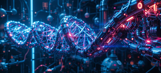 Poster - Glowing strands of DNA are intertwined in a high-tech lab, illuminated with vibrant blue and red lights. Advanced equipment surrounds the genetic structure, showcasing innovation and technology