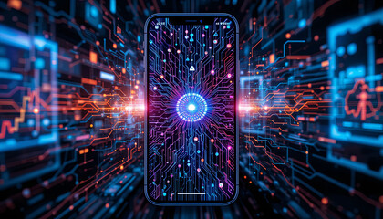 Poster - A sleek smartphone displays a striking design with colorful circuitry and glowing patterns. The background is filled with dynamic digital elements, emphasizing technology and innovation