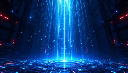 Poster - A vivid blue light beam ascends from a circular platform in a high-tech setting. Digital particles float around, enhancing the futuristic atmosphere and creating a mesmerizing effect