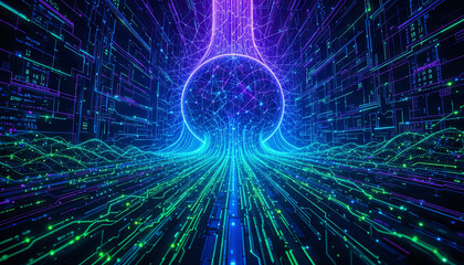 Poster - Bright lines of neon colors flow through a digital tunnel, converging towards a central glowing sphere. A futuristic setting captures the essence of technology and energy