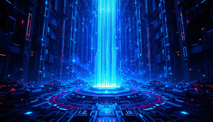 Poster - A stunning display of blue light beams emanates from a circular structure, illuminating a dark, high-tech environment filled with glowing circuitry and vivid colors