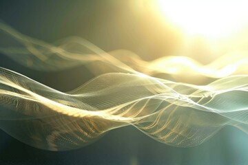 Aufkleber - Golden particles flowing and creating abstract waves, illuminated by bright sunlight, in a digital space