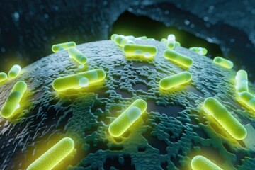 Poster - Microscopic view of rod-shaped bacteria on a cell surface, possibly illustrating infection or colonization.
