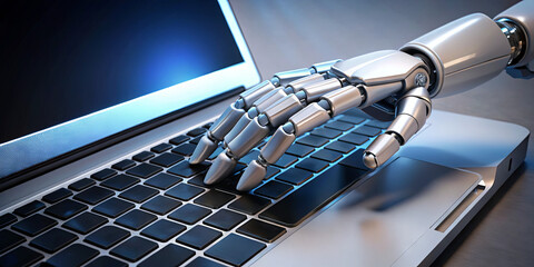 Poster - A robotic hand is seen reaching out to a laptop keyboard, showcasing advanced technology. The setting highlights innovation in automation and computing
