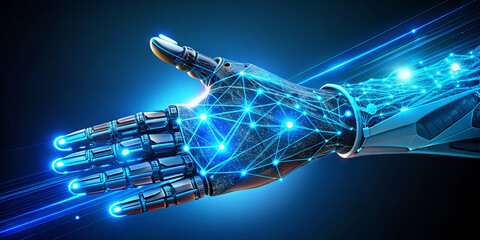Poster - A highly detailed robotic hand extends outward, showcasing intricate circuitry and glowing blue lights that highlight advancements in technology. The background emphasizes a futuristic design