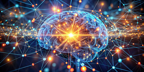 Poster - Visual representation of the human brain surrounded by luminous neural connections. Bright bursts of energy and glowing nodes illustrate the complexity of brain activity and communication
