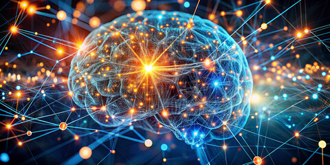Poster - A detailed digital artwork captures a human brain with glowing connections illuminated by bright lights. The design reflects the complexity of neural networks in modern technology