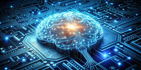 Poster - A bright digital brain is depicted on a dark circuit board background, showcasing intricate patterns and luminous connections