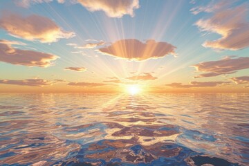 Poster - Serene sunset over calm ocean waters, sun rays reflecting on the surface, peaceful and tranquil scene.