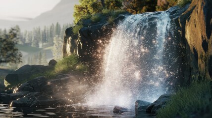 Poster - Magical waterfall cascading down mossy rocks in a serene forest, sparkling with enchanting light.