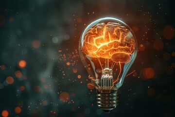 Poster - Light bulb containing glowing brain symbolizing idea generation, innovation, and creativity