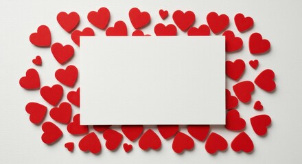 Poster - A white rectangular Valentine's Day blank greeting card or frame surrounded by multiple red heart shapes on a white background the hearts are of different sizes perfect for a Valentine's Day postcard