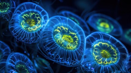 Wall Mural - bioluminescent deep-sea microorganisms glowing in ethereal blues and greens, macro photography with dramatic lighting and intricate cellular details