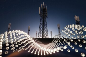 Poster - Multiple cellular towers connected by a digital wave, symbolizing global communication networks.