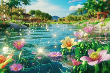 Poster - Serene stream flows through a lush paradise, adorned with vibrant flowers and sparkling sunlight.