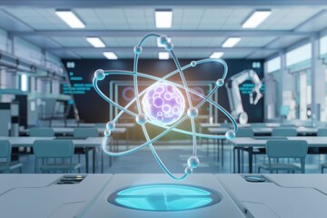 Poster - A futuristic classroom with a holographic atom model, symbolizing science and technology education.