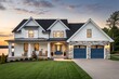 © Muhammad - Modern Two Story House with Blue Garage Doors and Stone Accents at Sunset