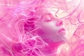 Aufkleber - Serene woman with closed eyes immersed in flowing pink energy, creating a dreamy and ethereal atmosphere