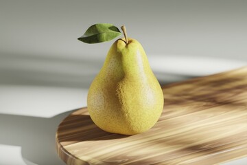 Poster - A ripe, yellow pear with a single green leaf rests on a wooden board.