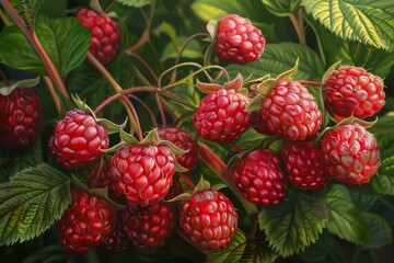 Poster - close up of juicy red raspberries ripening on a branch, bathed in sunlight