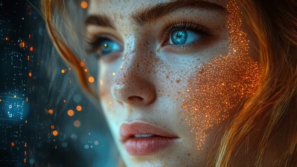 Captivating portrait of a young woman with sparkling freckles and vibrant blue eyes, set against a dreamy, ethereal background.