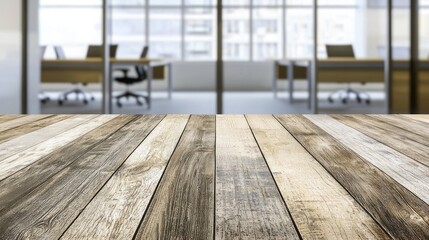 Poster - Empty wooden table surface with rustic planks and a blurred modern office background featuring desks and chairs. Ideal for product displays, presentations, or advertisements