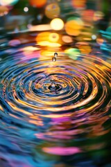 Fototapete - Colorful water ripples create a mesmerizing pattern with vibrant reflections and a single droplet falling into the surface